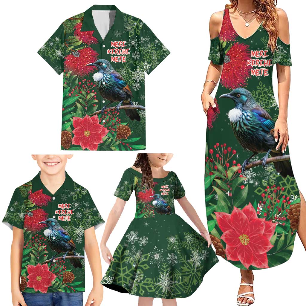 Tui Meri Kirihimete Personalised Family Matching Summer Maxi Dress and Hawaiian Shirt Pohutukawa Flowers Green Motif - Aussie Hoodie