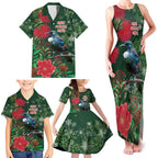Tui Meri Kirihimete Personalised Family Matching Tank Maxi Dress and Hawaiian Shirt Pohutukawa Flowers Green Motif - Aussie Hoodie