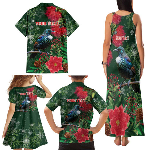 Tui Meri Kirihimete Personalised Family Matching Tank Maxi Dress and Hawaiian Shirt Pohutukawa Flowers Green Motif - Aussie Hoodie