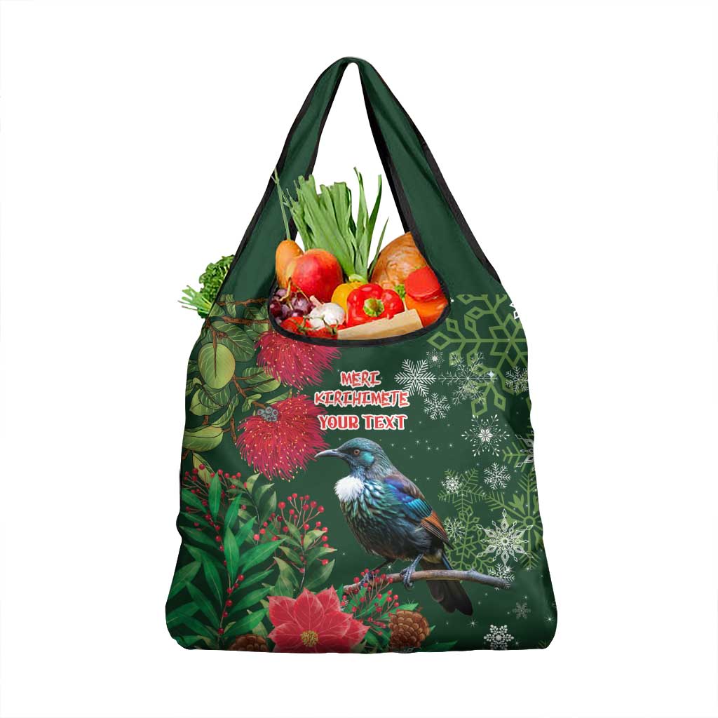 Tui Meri Kirihimete Personalised Grocery Bag Pohutukawa Flowers Green Motif - Aussie Hoodie