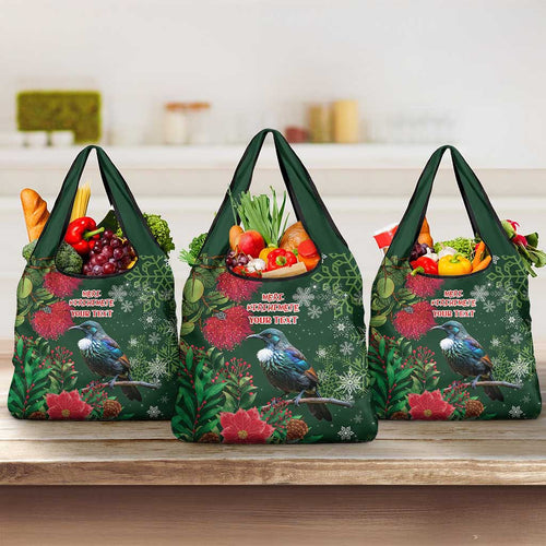 Tui Meri Kirihimete Personalised Grocery Bag Pohutukawa Flowers Green Motif - Aussie Hoodie