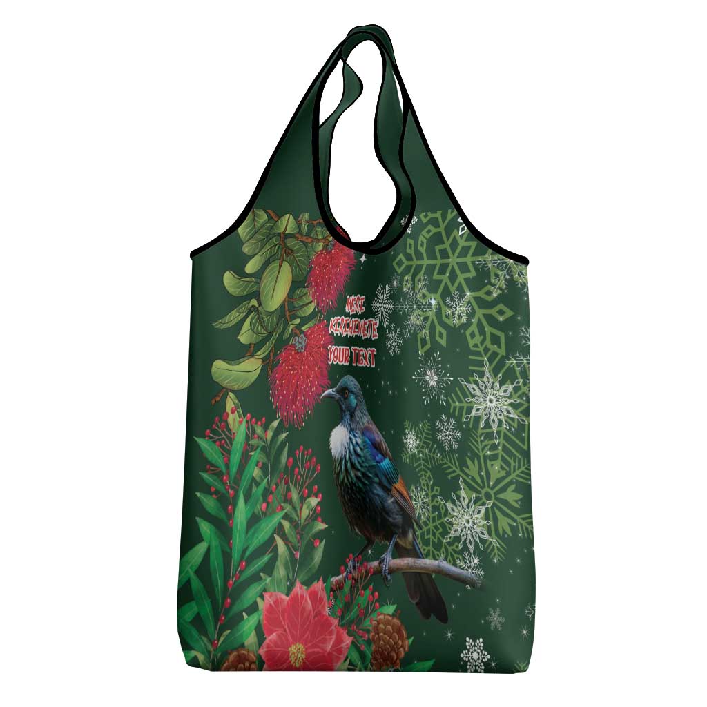Tui Meri Kirihimete Personalised Grocery Bag Pohutukawa Flowers Green Motif - Aussie Hoodie