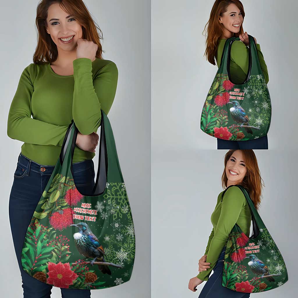 Tui Meri Kirihimete Personalised Grocery Bag Pohutukawa Flowers Green Motif - Aussie Hoodie