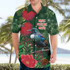 Tui Meri Kirihimete Personalised Hawaiian Shirt Pohutukawa Flowers Green Motif - Aussie Hoodie