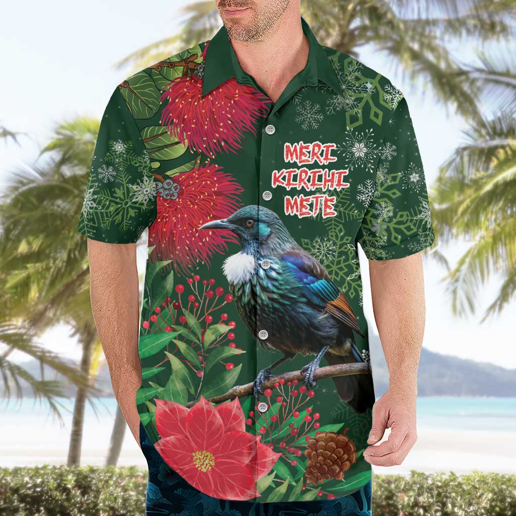 Tui Meri Kirihimete Personalised Hawaiian Shirt Pohutukawa Flowers Green Motif - Aussie Hoodie