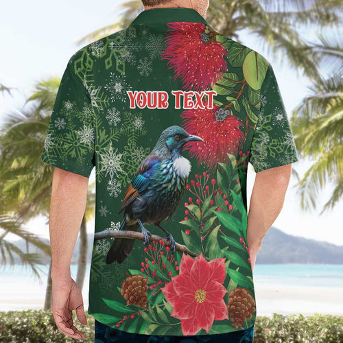 Tui Meri Kirihimete Personalised Hawaiian Shirt Pohutukawa Flowers Green Motif - Aussie Hoodie