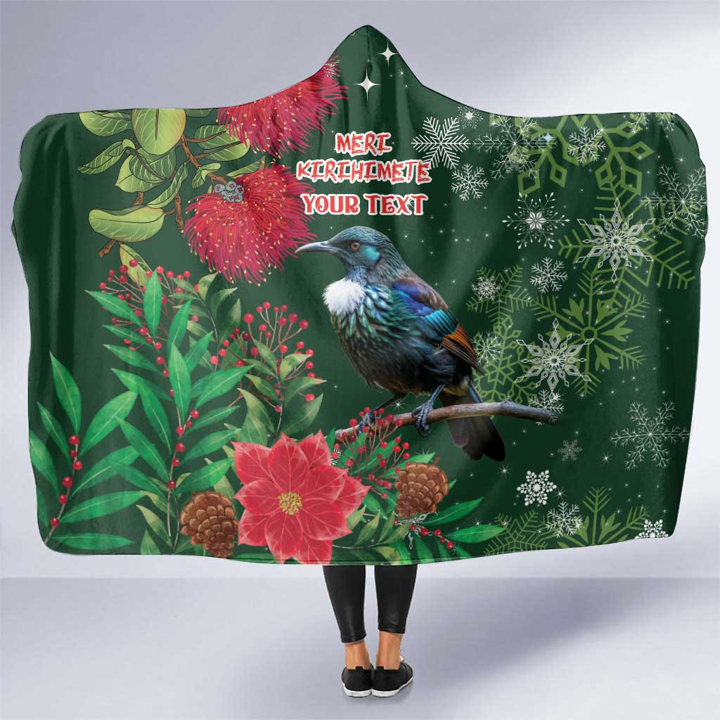 Tui Meri Kirihimete Personalised Hooded Blanket Pohutukawa Flowers Green Motif - Aussie Hoodie