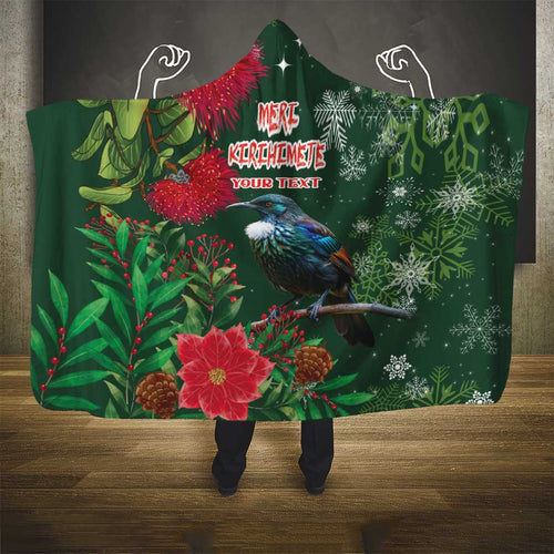 Tui Meri Kirihimete Personalised Hooded Blanket Pohutukawa Flowers Green Motif - Aussie Hoodie