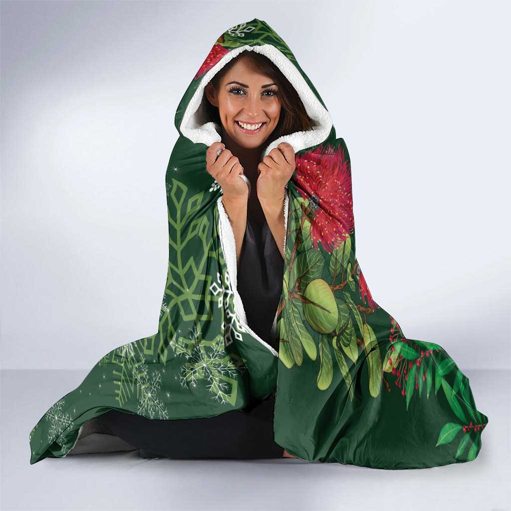 Tui Meri Kirihimete Personalised Hooded Blanket Pohutukawa Flowers Green Motif - Aussie Hoodie