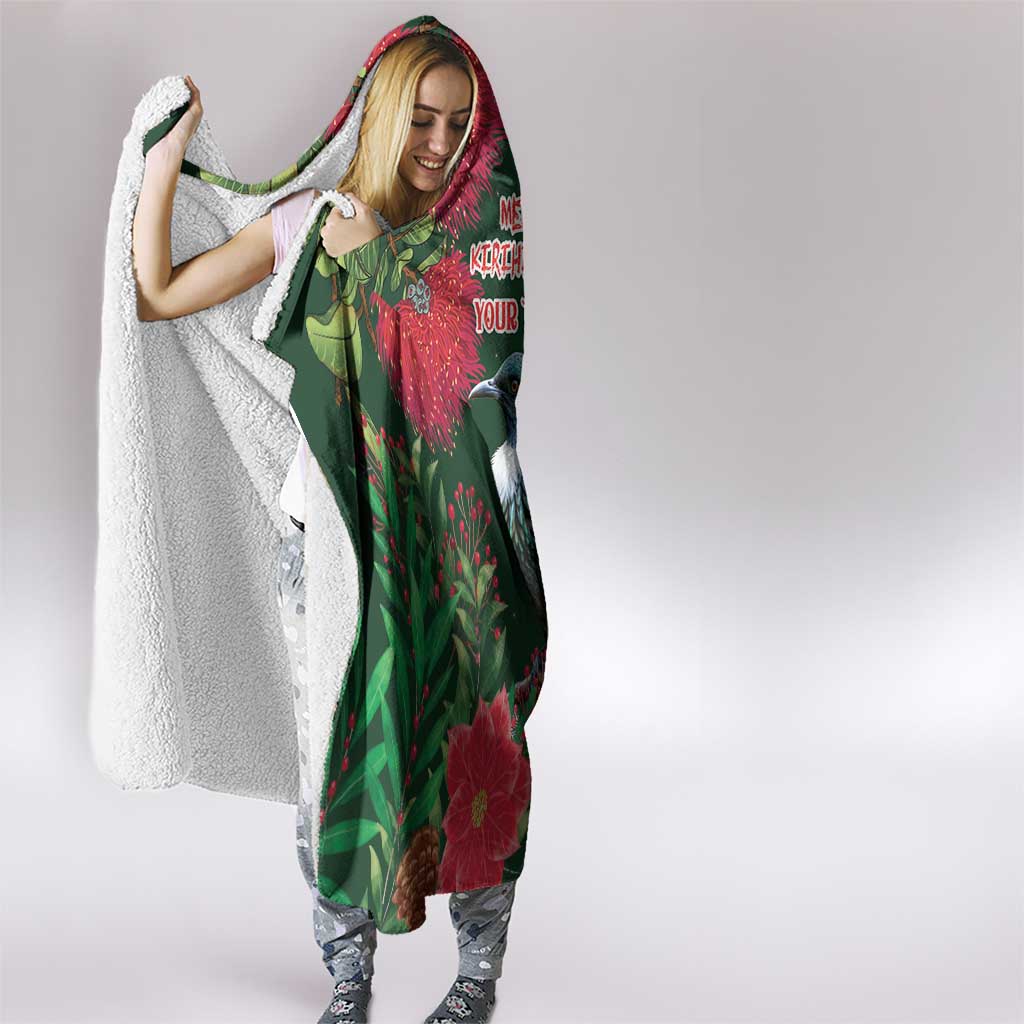 Tui Meri Kirihimete Personalised Hooded Blanket Pohutukawa Flowers Green Motif - Aussie Hoodie