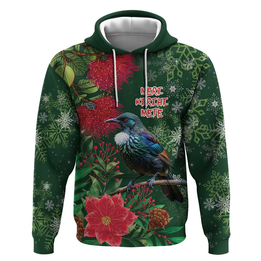 Tui Meri Kirihimete Personalised Hoodie Pohutukawa Flowers Green Motif - Aussie Hoodie