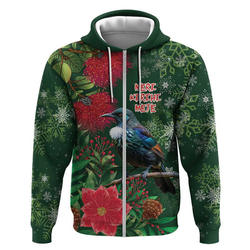 Tui Meri Kirihimete Personalised Hoodie Pohutukawa Flowers Green Motif - Aussie Hoodie