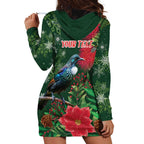 Tui Meri Kirihimete Personalised Hoodie Dress Pohutukawa Flowers Green Motif - Aussie Hoodie