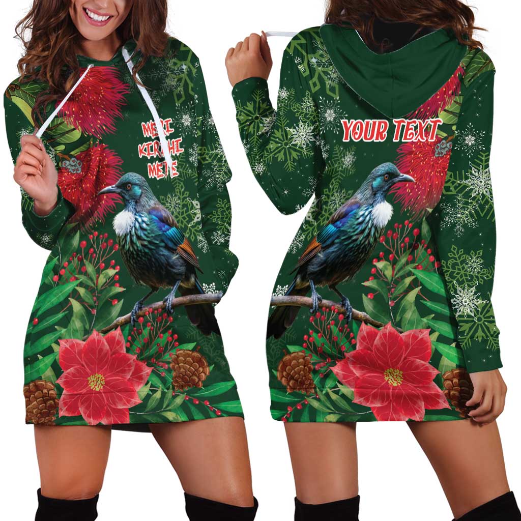 Tui Meri Kirihimete Personalised Hoodie Dress Pohutukawa Flowers Green Motif - Aussie Hoodie