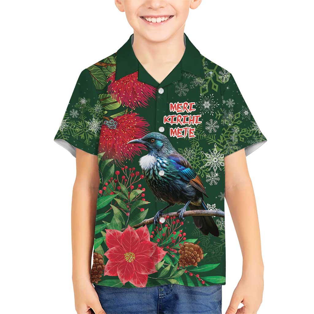 Tui Meri Kirihimete Personalised Kid Hawaiian Shirt Pohutukawa Flowers Green Motif - Aussie Hoodie