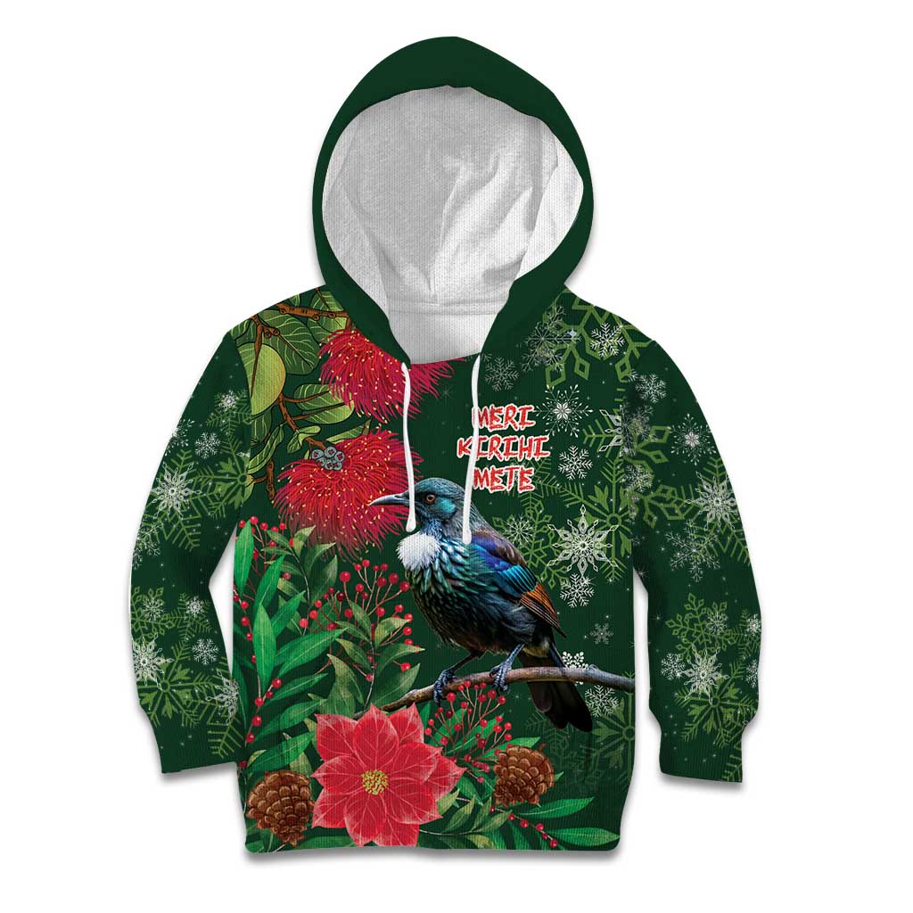 Tui Meri Kirihimete Personalised Kid Hoodie Pohutukawa Flowers Green Motif - Aussie Hoodie