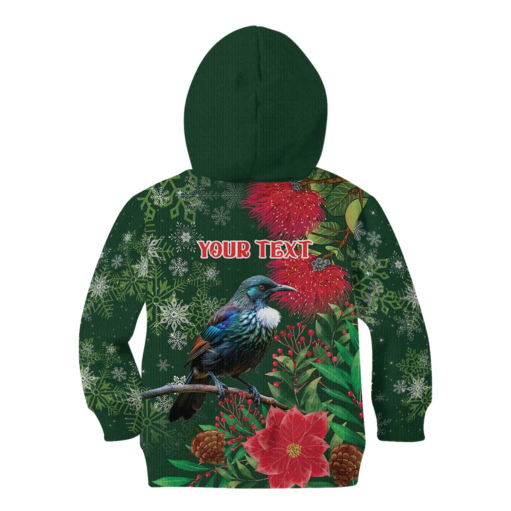 Tui Meri Kirihimete Personalised Kid Hoodie Pohutukawa Flowers Green Motif - Aussie Hoodie