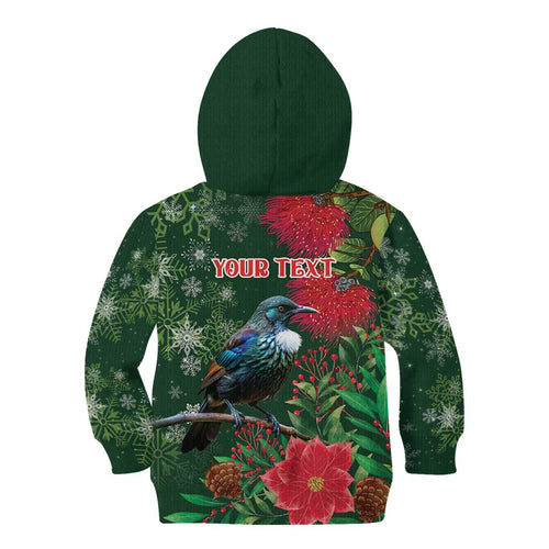 Tui Meri Kirihimete Personalised Kid Hoodie Pohutukawa Flowers Green Motif - Aussie Hoodie