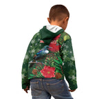 Tui Meri Kirihimete Personalised Kid Hoodie Pohutukawa Flowers Green Motif - Aussie Hoodie