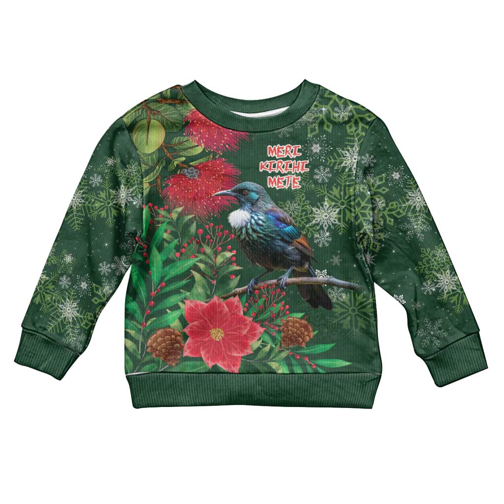 Tui Meri Kirihimete Personalised Kid Ugly Christmas Sweater Pohutukawa Flowers Green Motif - Aussie Hoodie