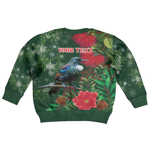 Tui Meri Kirihimete Personalised Kid Ugly Christmas Sweater Pohutukawa Flowers Green Motif - Aussie Hoodie