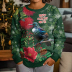 Tui Meri Kirihimete Personalised Kid Ugly Christmas Sweater Pohutukawa Flowers Green Motif - Aussie Hoodie