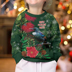 Tui Meri Kirihimete Personalised Kid Ugly Christmas Sweater Pohutukawa Flowers Green Motif - Aussie Hoodie