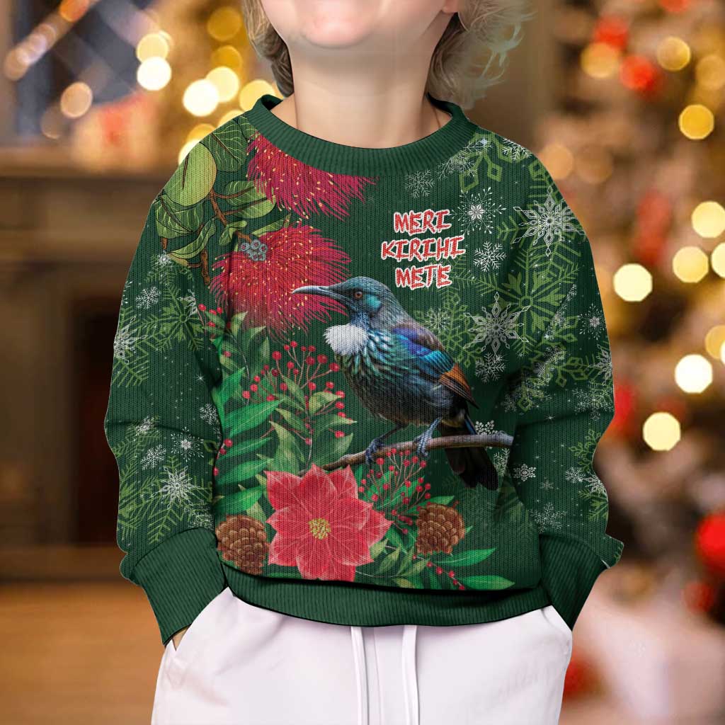 Tui Meri Kirihimete Personalised Kid Ugly Christmas Sweater Pohutukawa Flowers Green Motif - Aussie Hoodie