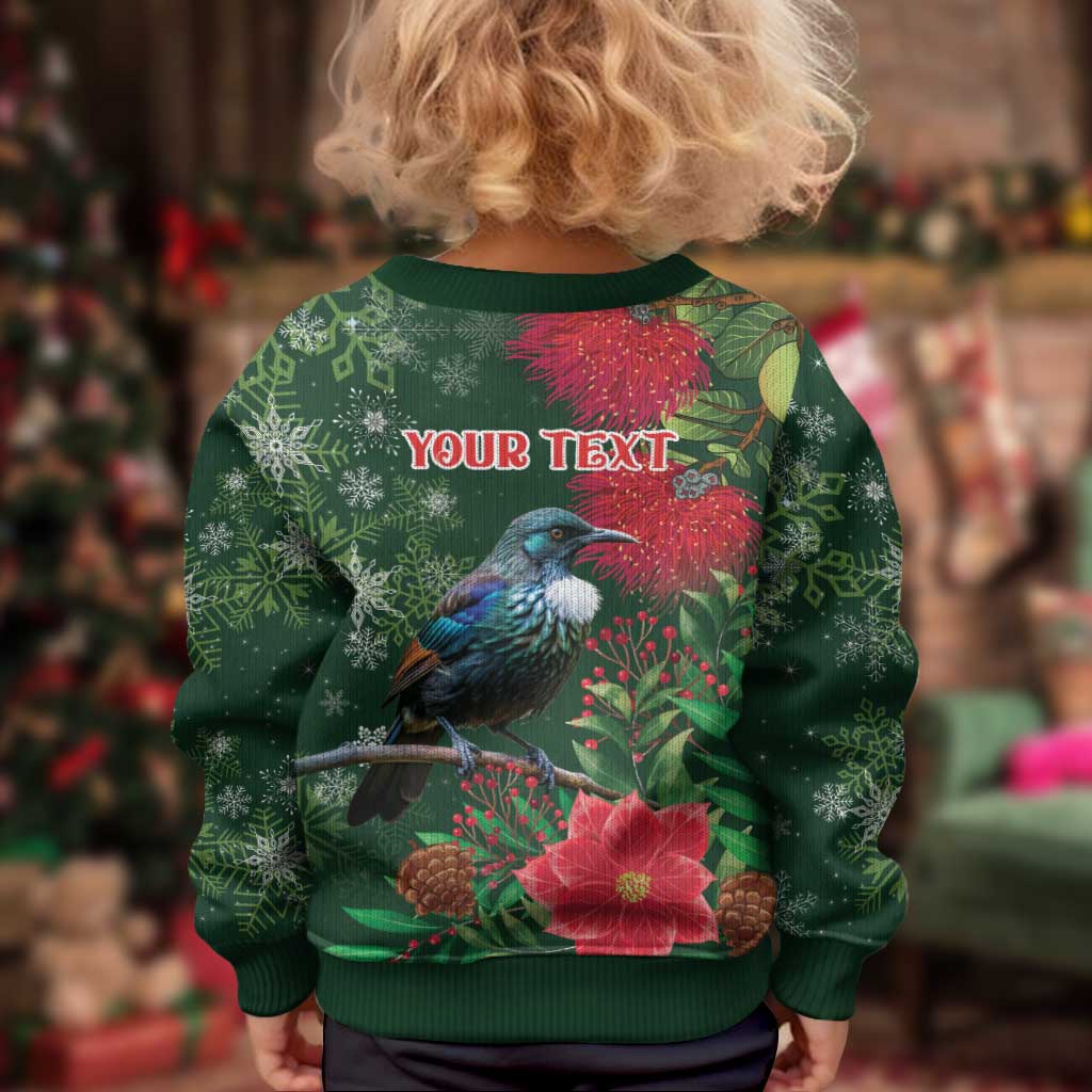 Tui Meri Kirihimete Personalised Kid Ugly Christmas Sweater Pohutukawa Flowers Green Motif - Aussie Hoodie