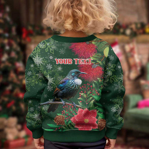 Tui Meri Kirihimete Personalised Kid Ugly Christmas Sweater Pohutukawa Flowers Green Motif - Aussie Hoodie