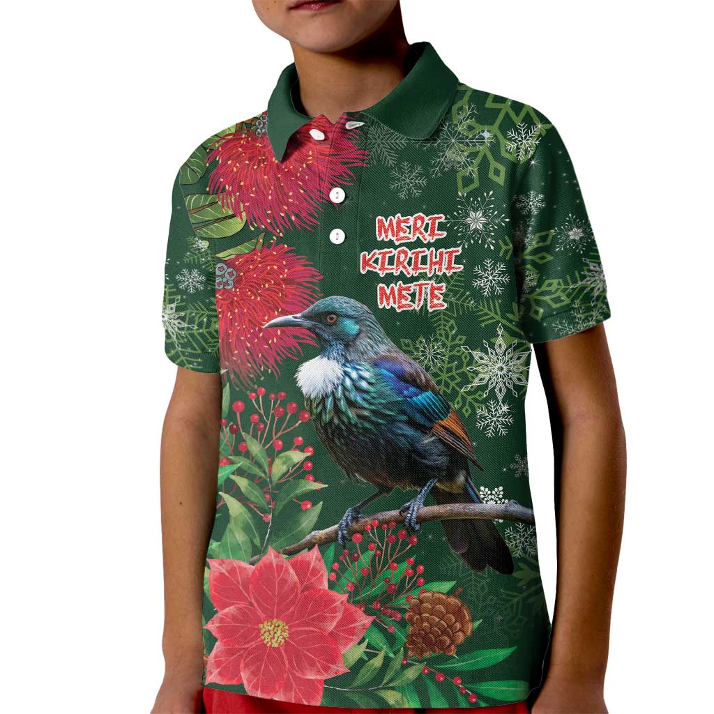 Tui Meri Kirihimete Personalised Kid Polo Shirt Pohutukawa Flowers Green Motif - Aussie Hoodie