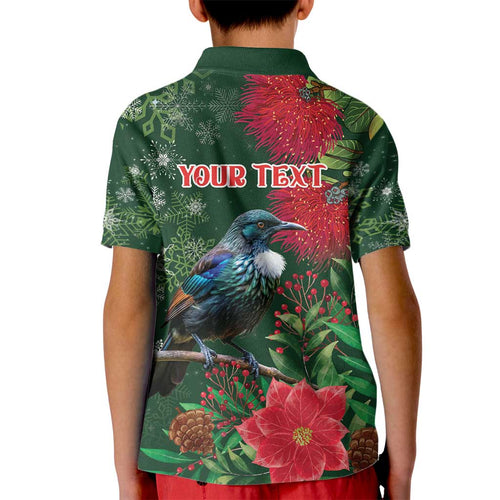 Tui Meri Kirihimete Personalised Kid Polo Shirt Pohutukawa Flowers Green Motif - Aussie Hoodie