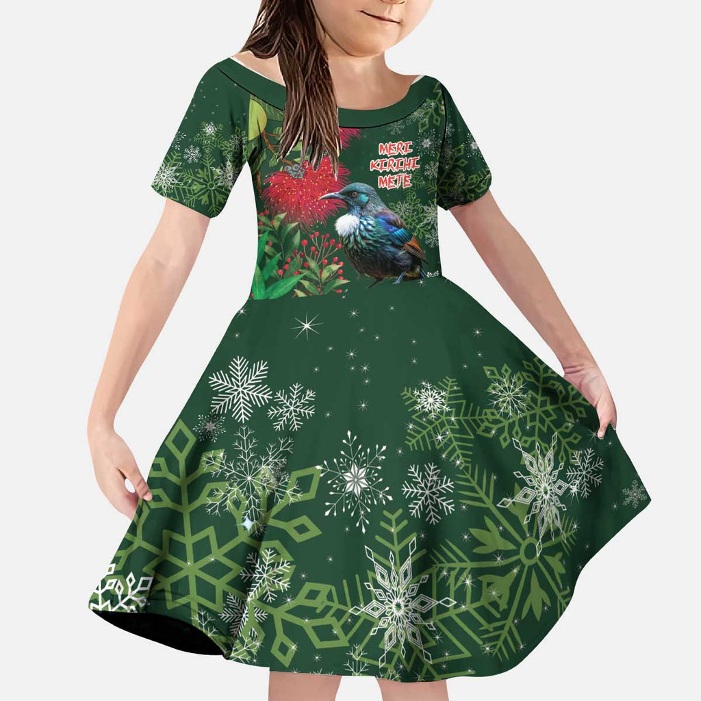 Tui Meri Kirihimete Personalised Kid Short Sleeve Dress Pohutukawa Flowers Green Motif - Aussie Hoodie