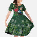 Tui Meri Kirihimete Personalised Kid Short Sleeve Dress Pohutukawa Flowers Green Motif - Aussie Hoodie