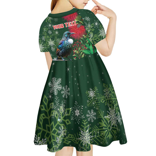 Tui Meri Kirihimete Personalised Kid Short Sleeve Dress Pohutukawa Flowers Green Motif - Aussie Hoodie