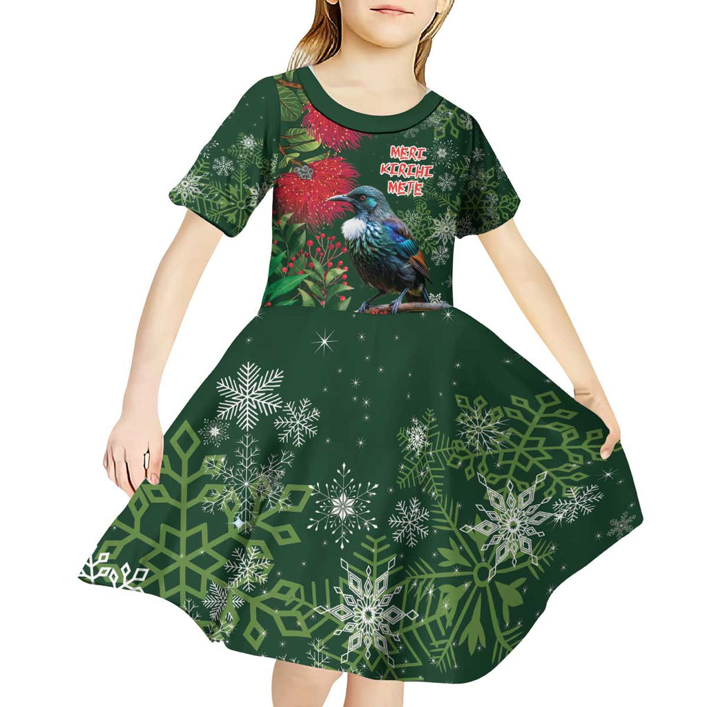 Tui Meri Kirihimete Personalised Kid Short Sleeve Dress Pohutukawa Flowers Green Motif - Aussie Hoodie