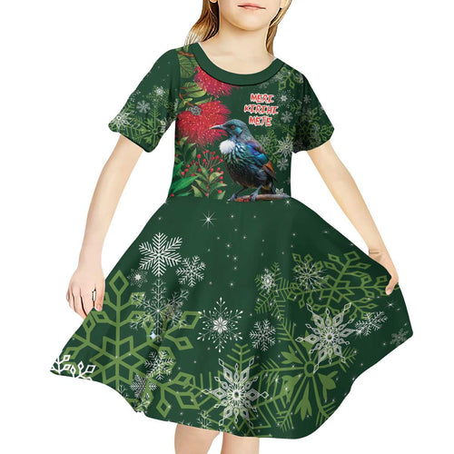 Tui Meri Kirihimete Personalised Kid Short Sleeve Dress Pohutukawa Flowers Green Motif - Aussie Hoodie