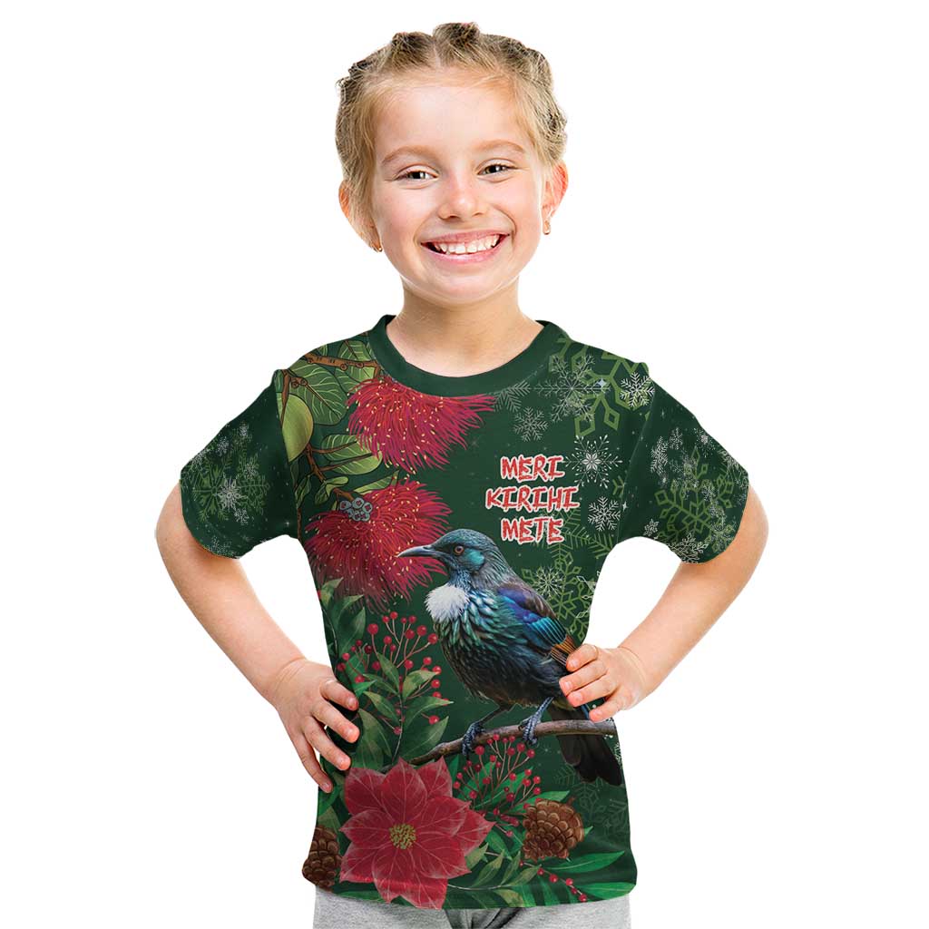Tui Meri Kirihimete Personalised Kid T Shirt Pohutukawa Flowers Green Motif - Aussie Hoodie