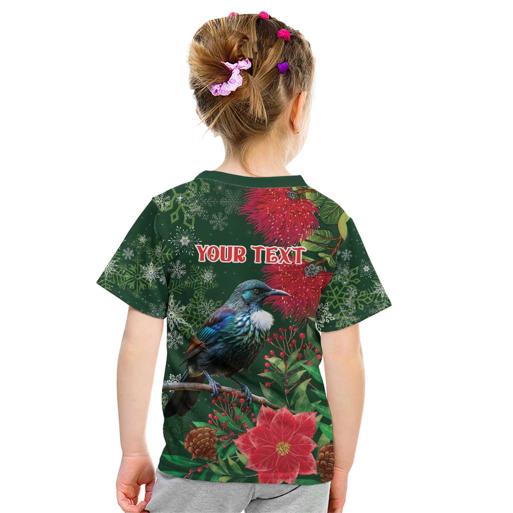 Tui Meri Kirihimete Personalised Kid T Shirt Pohutukawa Flowers Green Motif - Aussie Hoodie