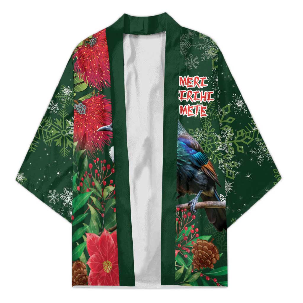 Tui Meri Kirihimete Personalised Kimono Pohutukawa Flowers Green Motif - Aussie Hoodie
