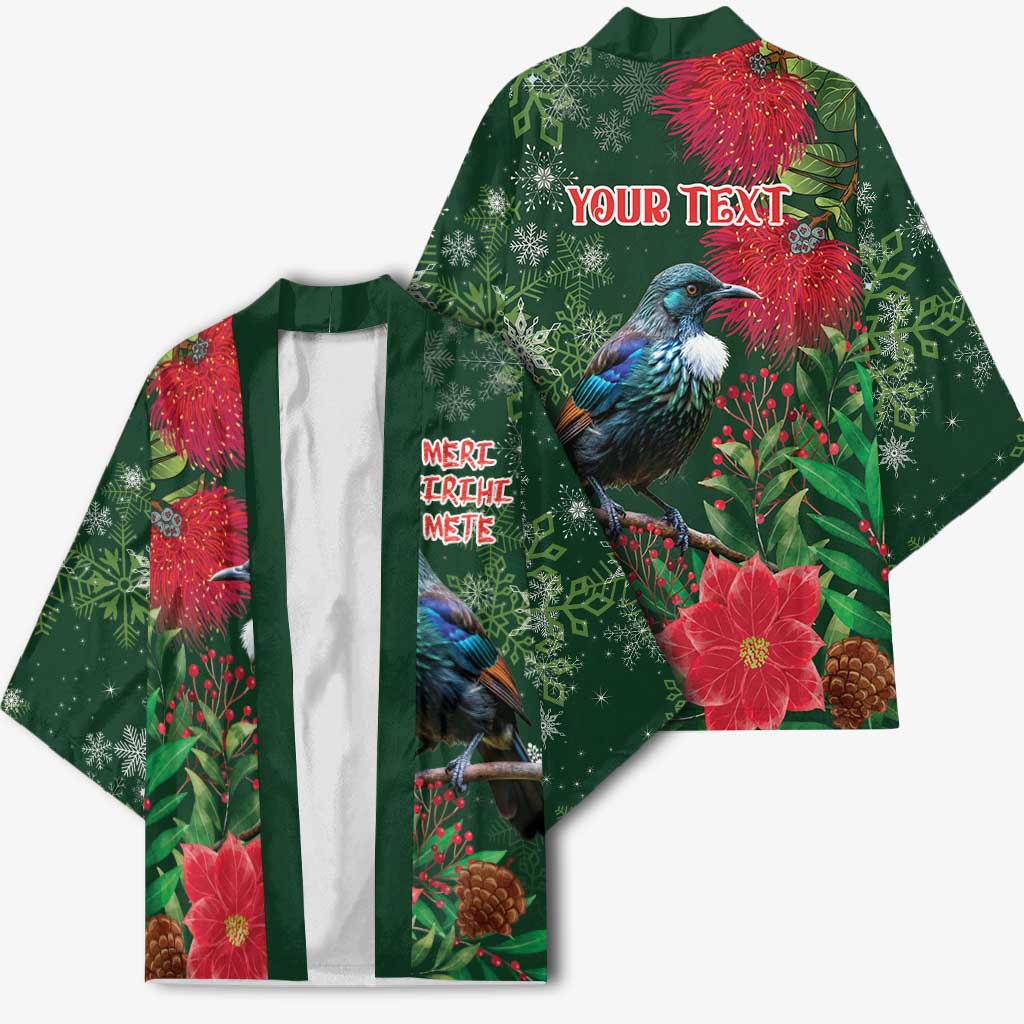 Tui Meri Kirihimete Personalised Kimono Pohutukawa Flowers Green Motif - Aussie Hoodie