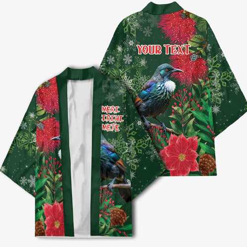 Tui Meri Kirihimete Personalised Kimono Pohutukawa Flowers Green Motif - Aussie Hoodie