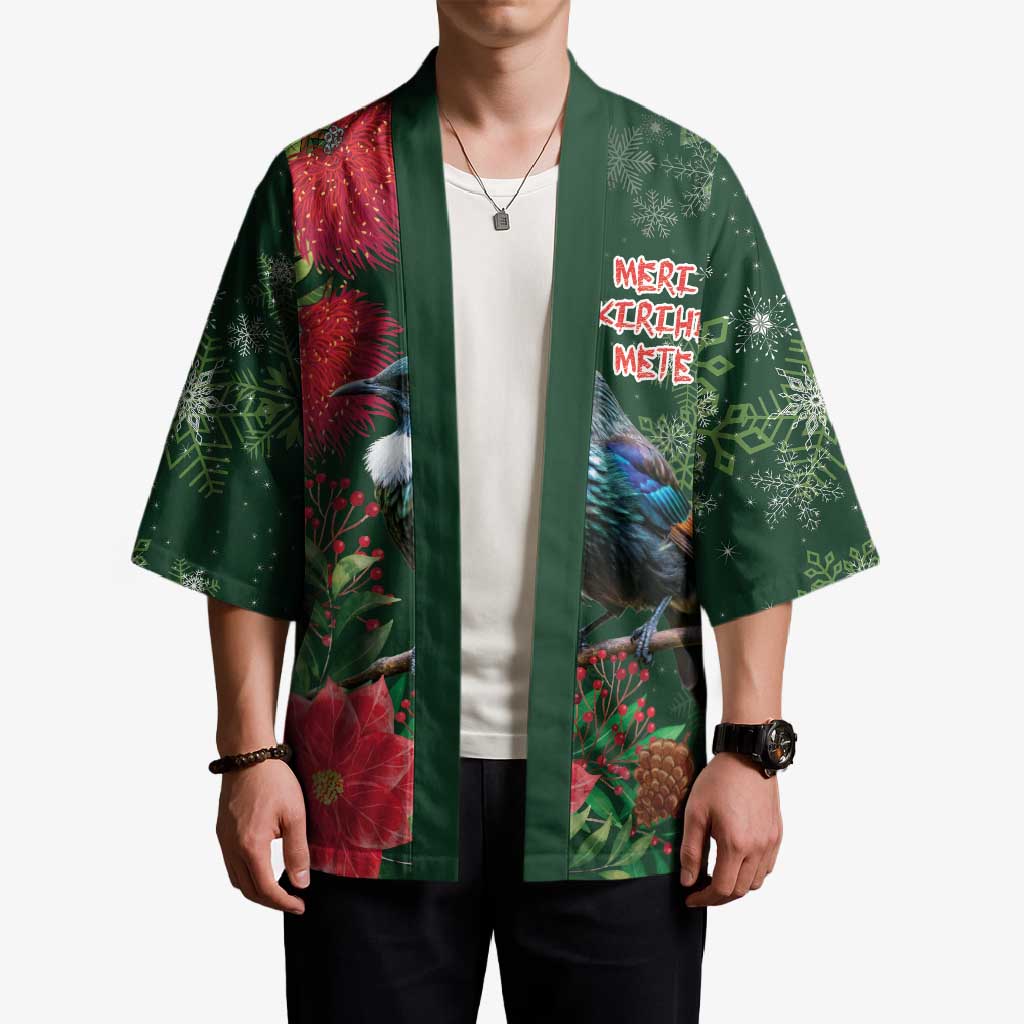 Tui Meri Kirihimete Personalised Kimono Pohutukawa Flowers Green Motif - Aussie Hoodie