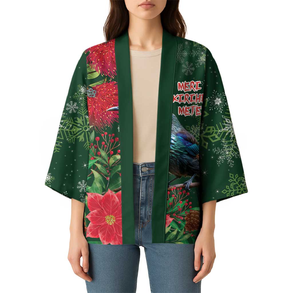 Tui Meri Kirihimete Personalised Kimono Pohutukawa Flowers Green Motif - Aussie Hoodie