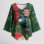 Tui Meri Kirihimete Personalised Kimono Sleeve Blouse Pohutukawa Flowers Green Motif - Aussie Hoodie