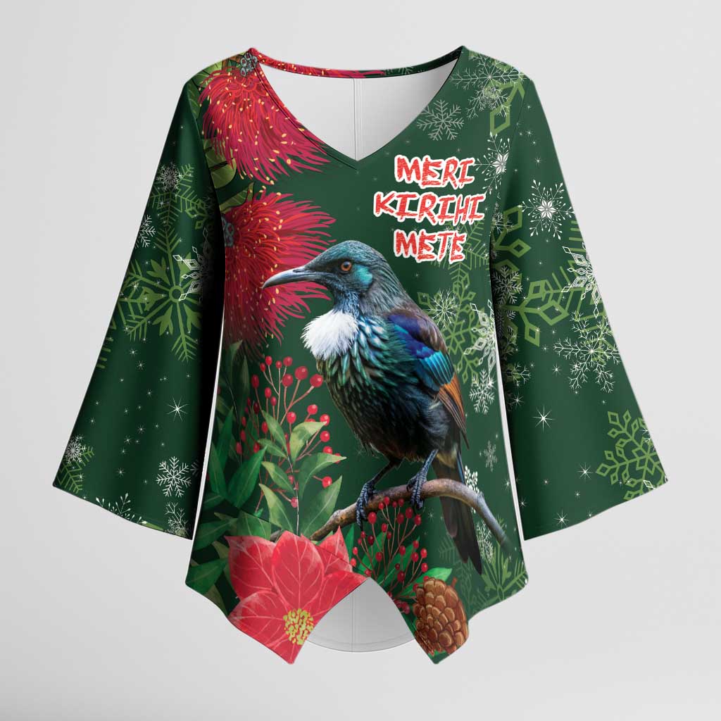 Tui Meri Kirihimete Personalised Kimono Sleeve Blouse Pohutukawa Flowers Green Motif - Aussie Hoodie
