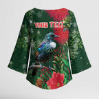 Tui Meri Kirihimete Personalised Kimono Sleeve Blouse Pohutukawa Flowers Green Motif - Aussie Hoodie