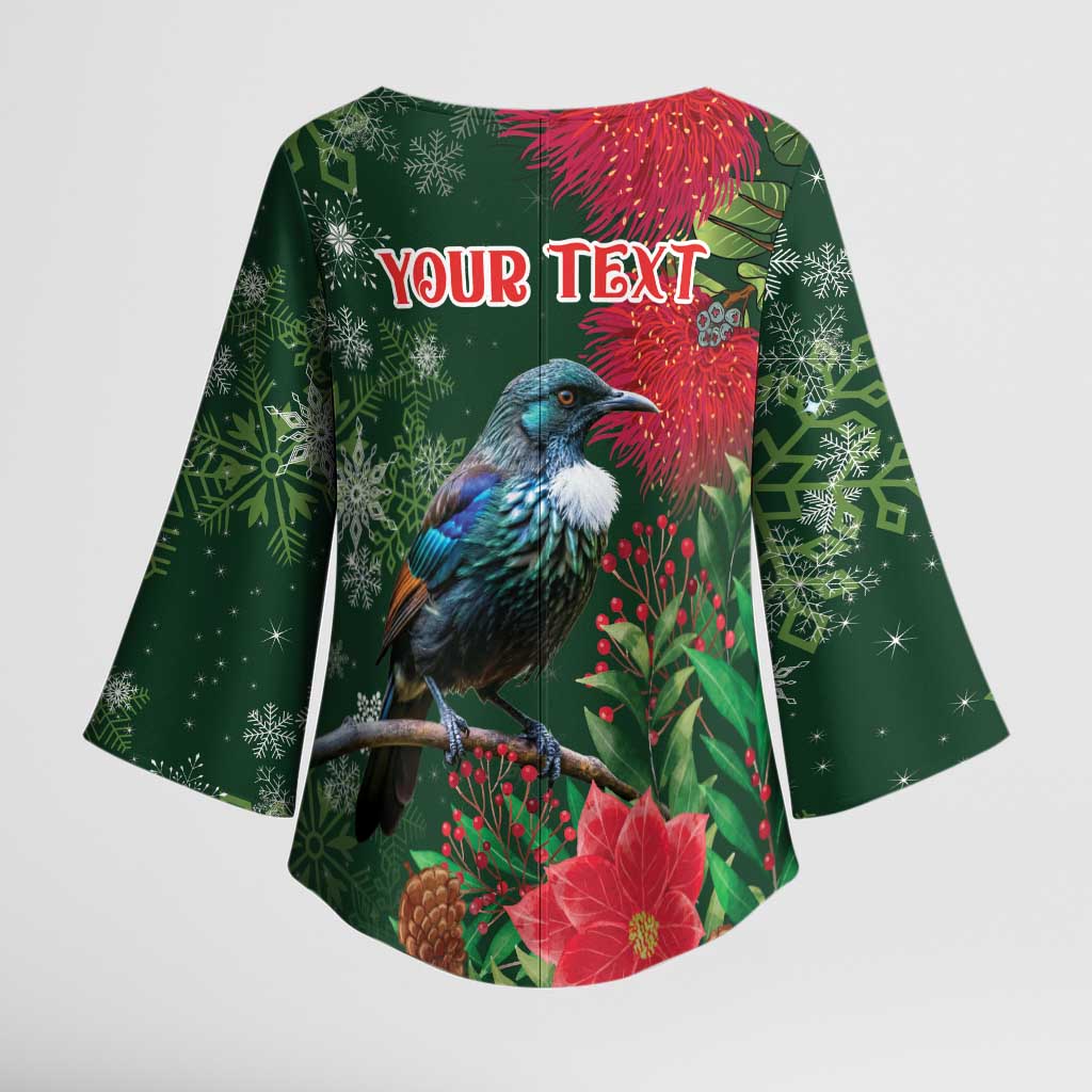 Tui Meri Kirihimete Personalised Kimono Sleeve Blouse Pohutukawa Flowers Green Motif - Aussie Hoodie