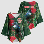Tui Meri Kirihimete Personalised Kimono Sleeve Blouse Pohutukawa Flowers Green Motif - Aussie Hoodie
