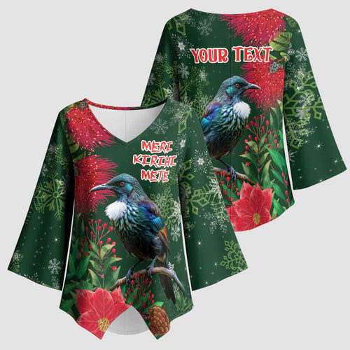 Tui Meri Kirihimete Personalised Kimono Sleeve Blouse Pohutukawa Flowers Green Motif - Aussie Hoodie